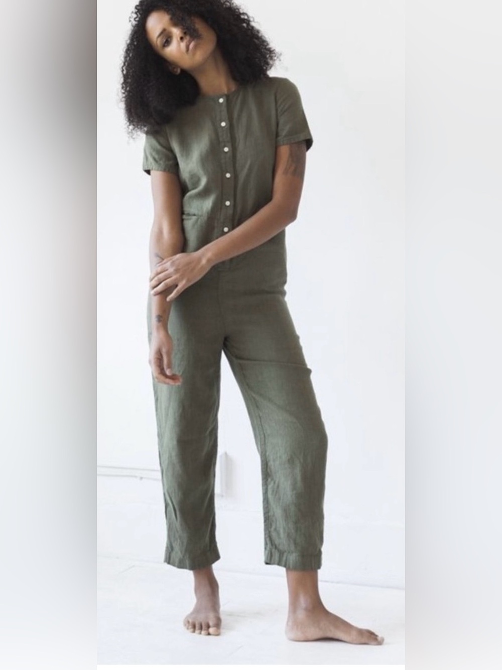 Beaton Linen Olive Green Button-Front Linen Top